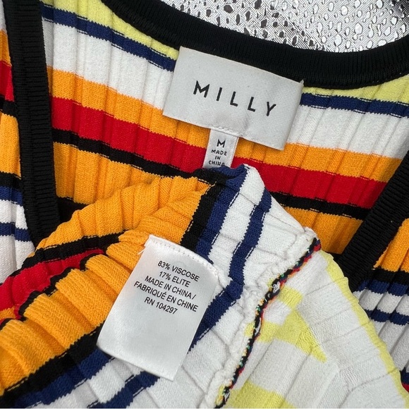 Milly Directional Pop Stripe Bodycon Mini Dress Sleeveless Knit Asymmetrical M - Picture 9 of 11